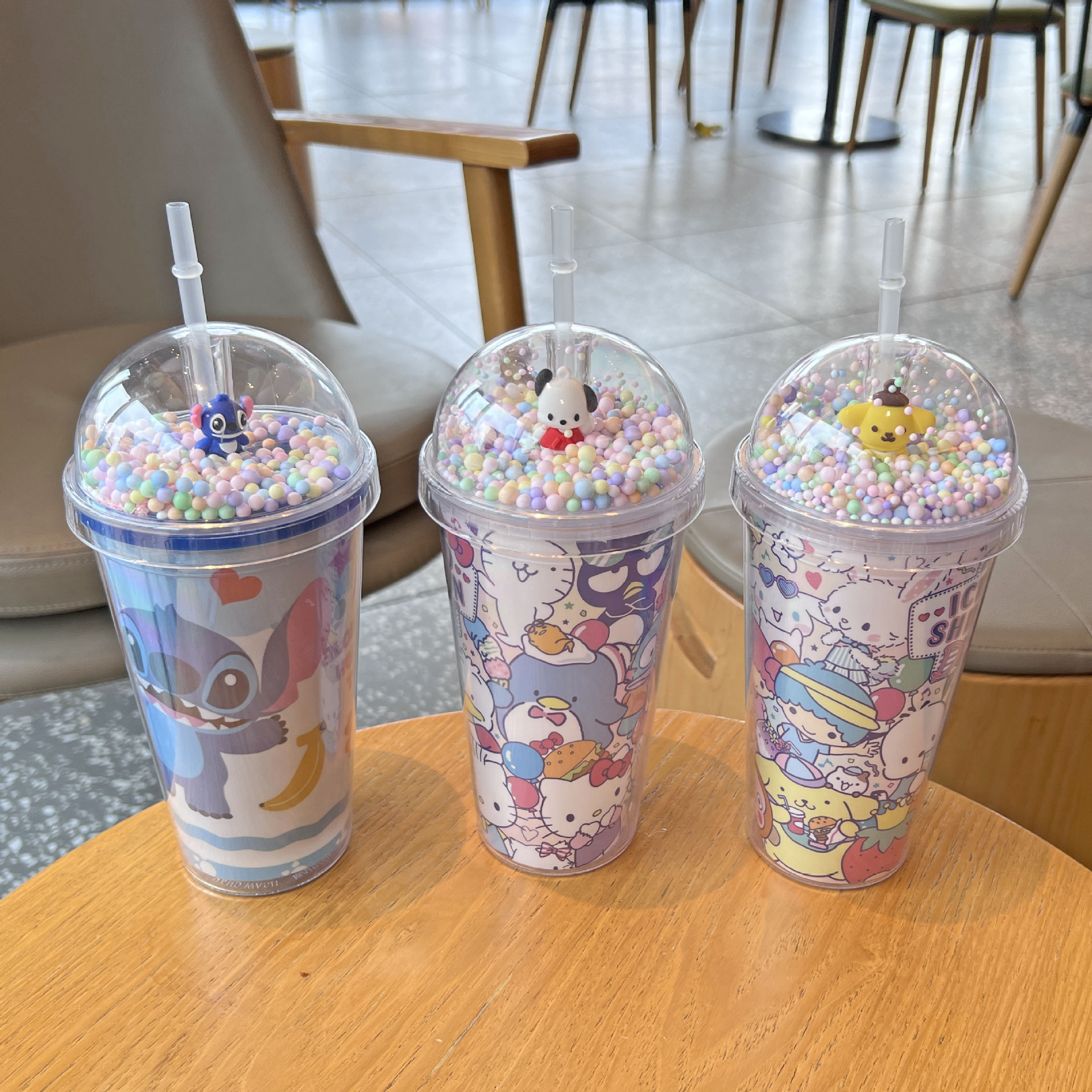 跨境新款高颜值夏季 网红史迪仔卡通塑料水杯吸管水杯双层碎冰杯产品图