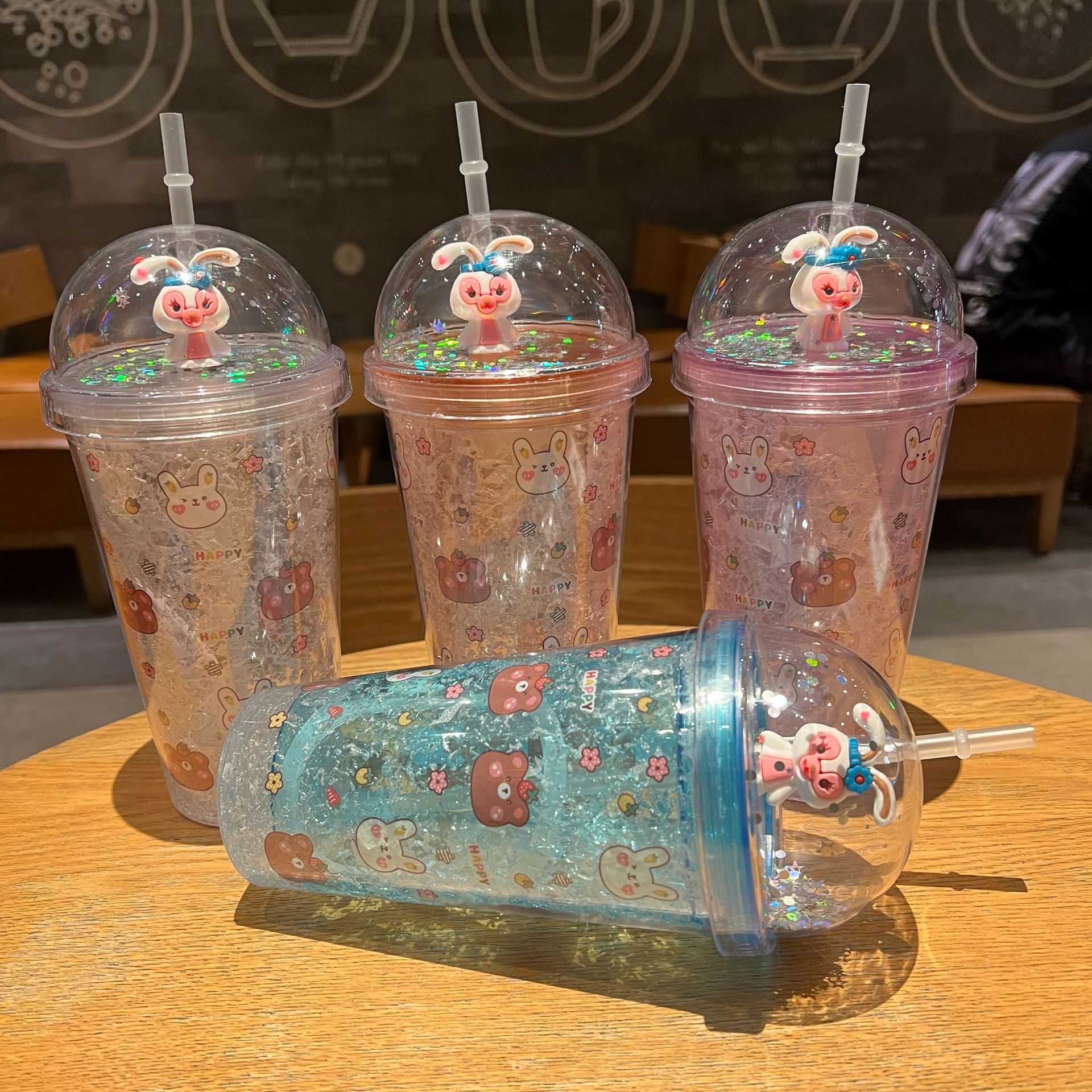 跨境新款高颜值夏季网红萌熊卡通兔子塑料水杯吸管水杯双层碎冰杯