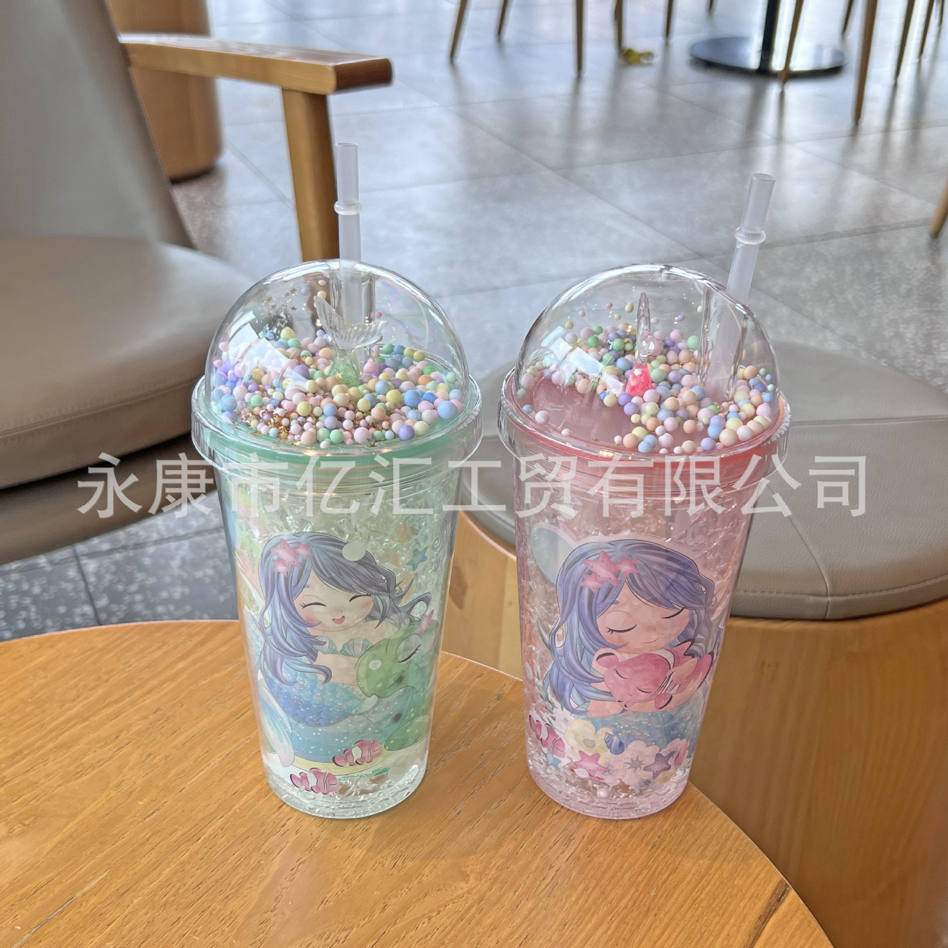 跨境新款高颜值夏季 网红美人鱼卡通塑料水杯吸管水杯双层碎冰杯详情11