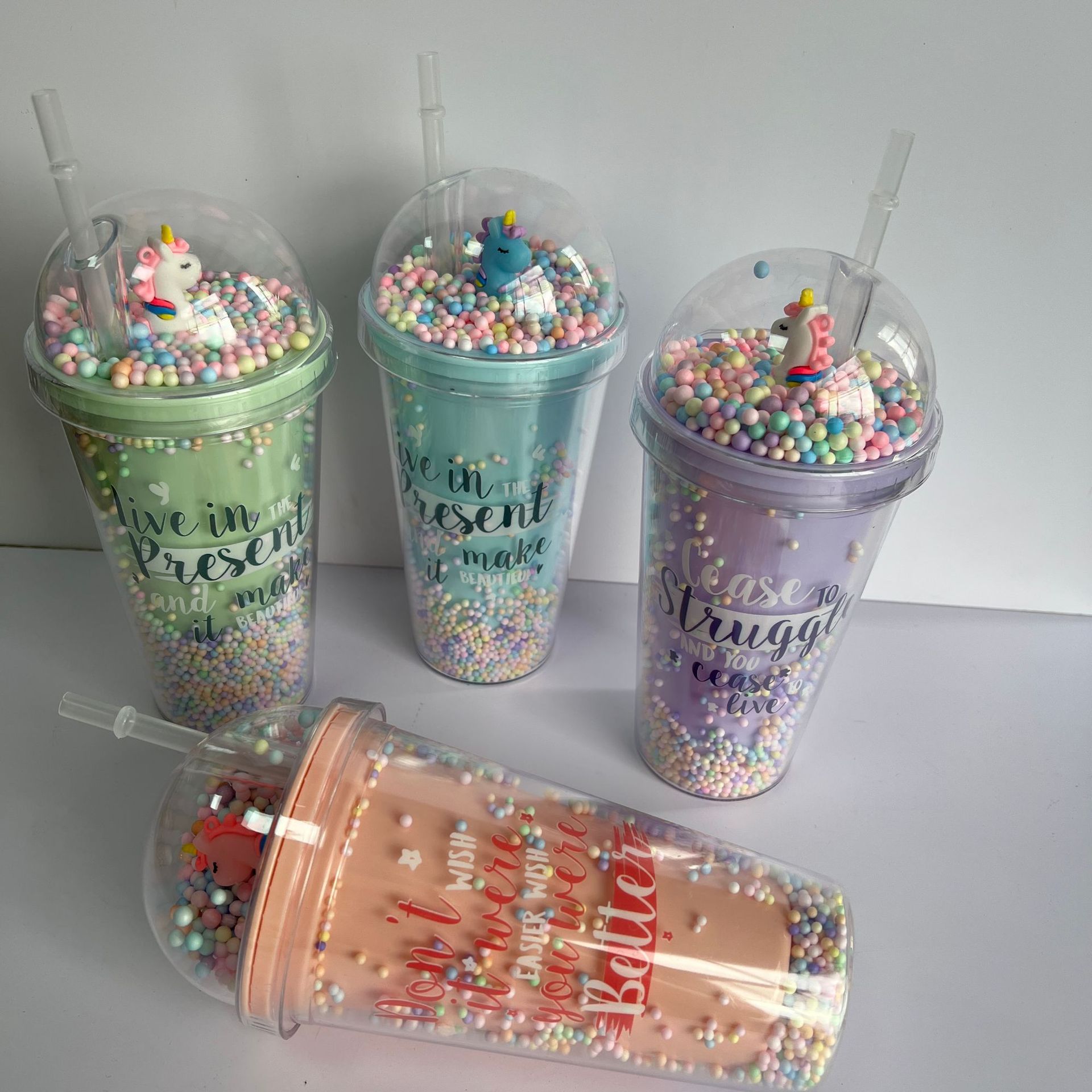 塑料吸管冰杯独角兽字母塑料水杯双层杯亮片碎冰杯跨境新款高颜值细节图