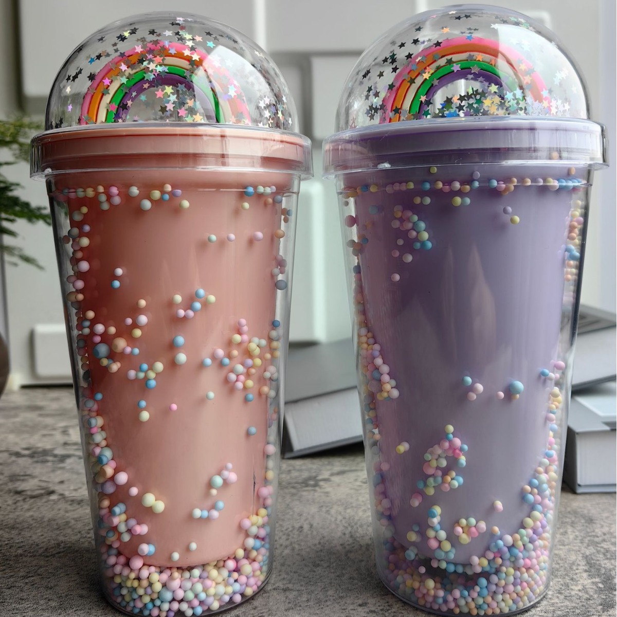 跨境新款高颜值夏季 网红彩虹卡通塑料水杯吸管水杯双层碎冰杯细节图