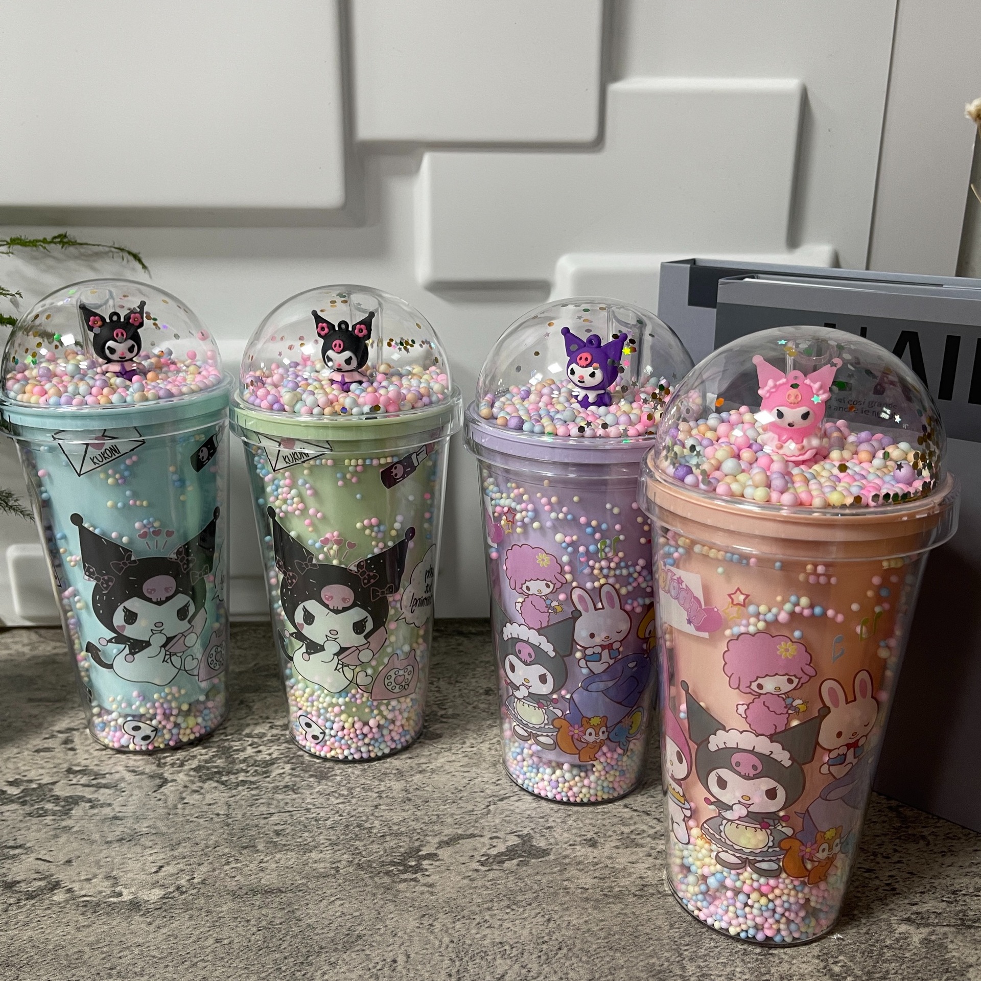 跨境新款高颜值夏季 网红库洛米卡通塑料水杯吸管水杯双层碎冰杯