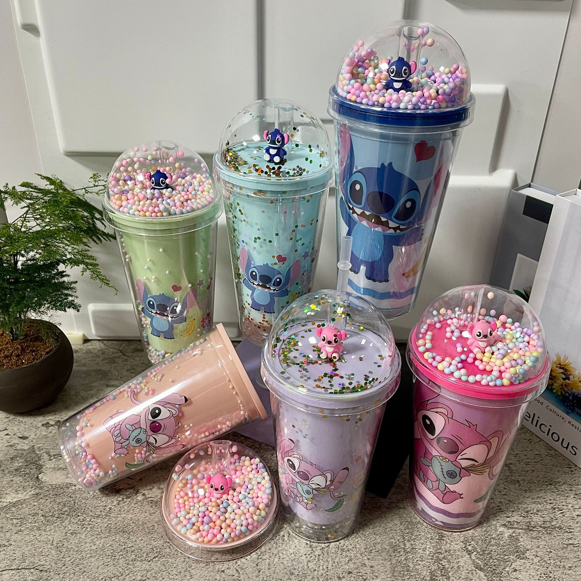 跨境新款高颜值夏季 网红史迪仔卡通塑料水杯吸管水杯双层碎冰杯详情12