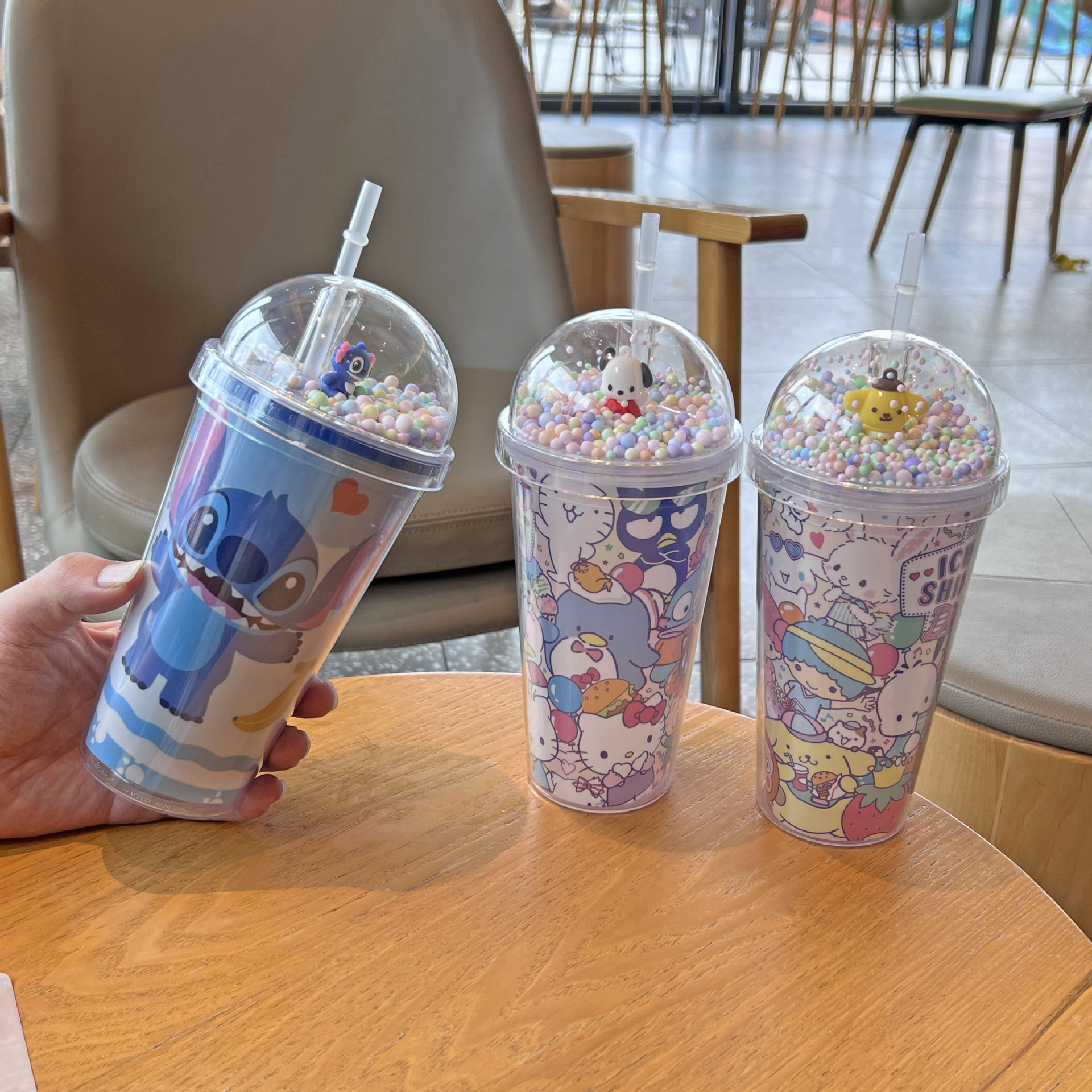 跨境新款高颜值夏季 网红史迪仔卡通塑料水杯吸管水杯双层碎冰杯详情5