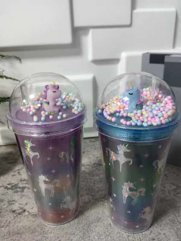 跨境新款高颜值夏季 网红独角兽卡通塑料水杯吸管水杯双层碎冰杯详情4