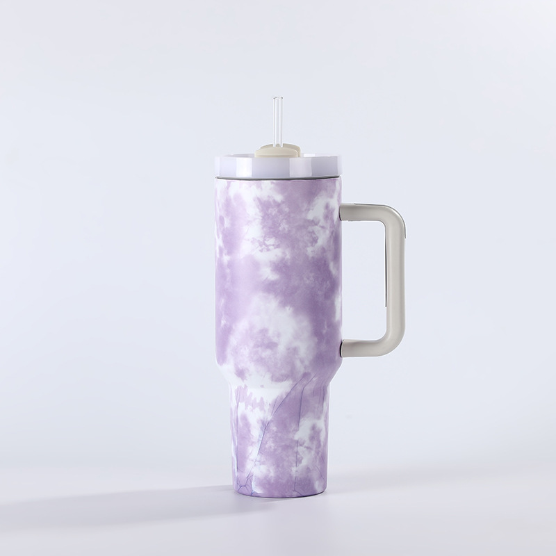外贸新款高颜值户外保冷杯40OZ汽车杯漆染印冰霸扎染带手柄汽车杯