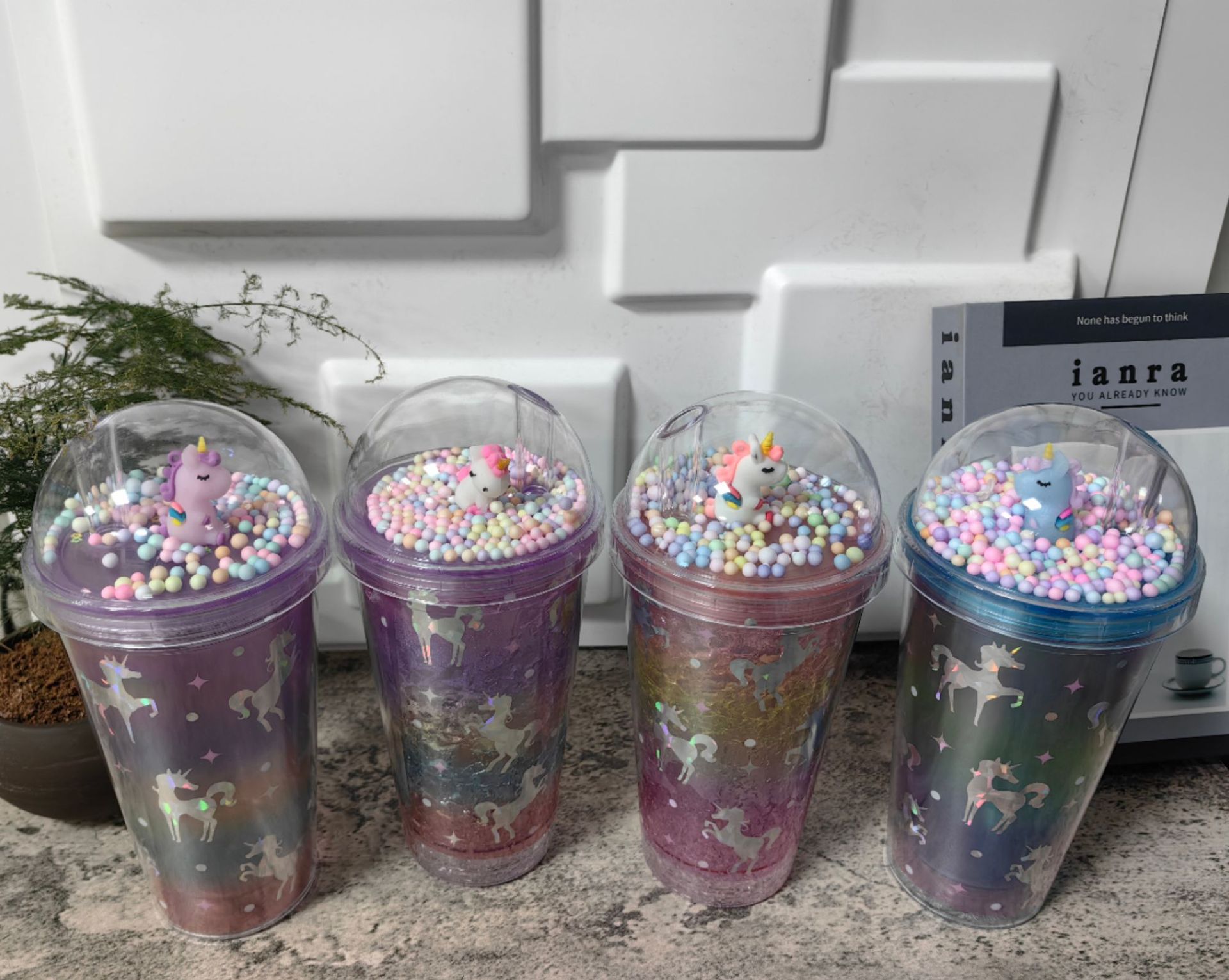 跨境新款高颜值夏季 网红独角兽卡通塑料水杯吸管水杯双层碎冰杯详情1