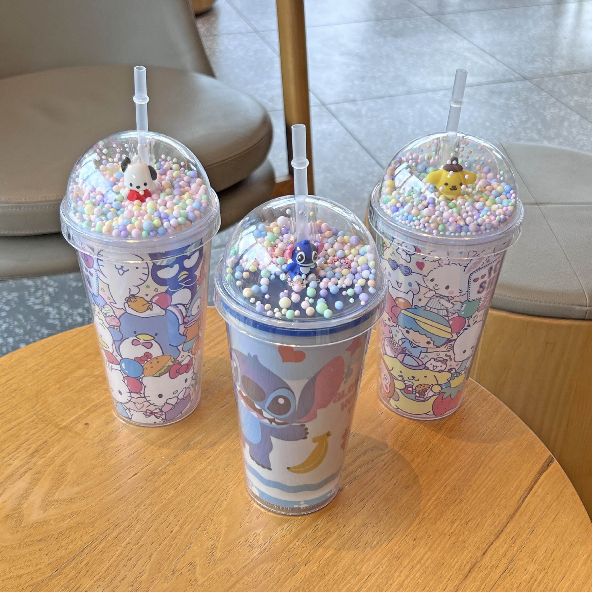 跨境新款高颜值夏季 网红史迪仔卡通塑料水杯吸管水杯双层碎冰杯详情4