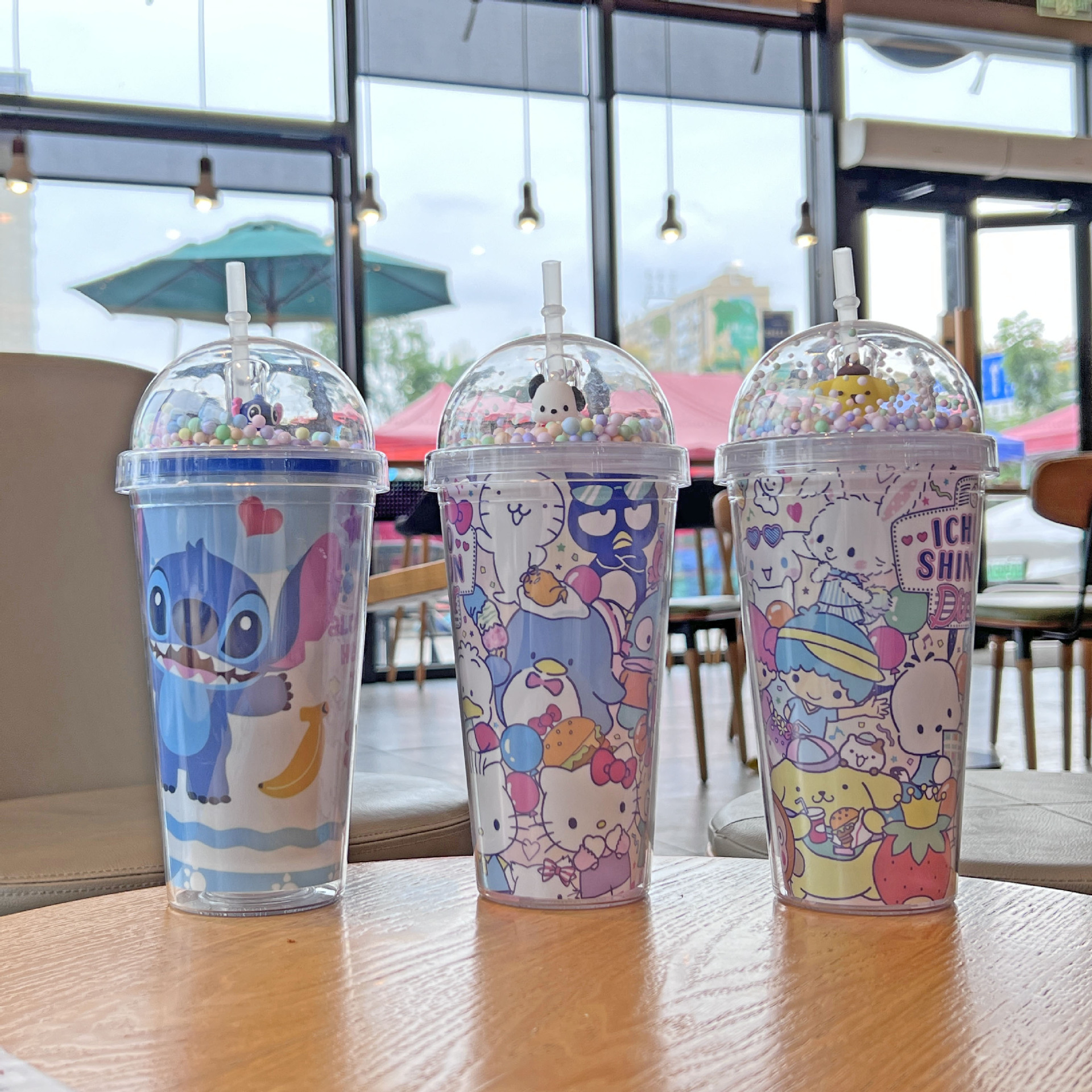 跨境新款高颜值夏季 网红史迪仔卡通塑料水杯吸管水杯双层碎冰杯详情2
