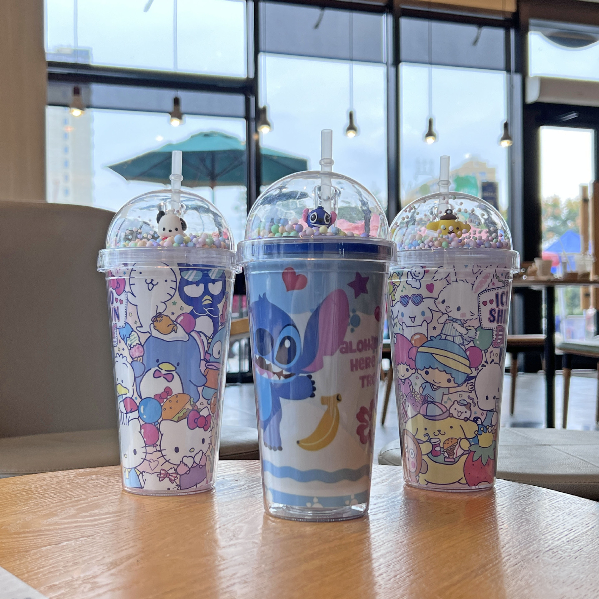 跨境新款高颜值夏季 网红史迪仔卡通塑料水杯吸管水杯双层碎冰杯详情3