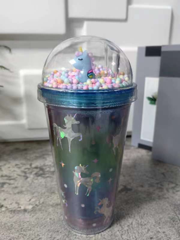 跨境新款高颜值夏季 网红独角兽卡通塑料水杯吸管水杯双层碎冰杯详情8