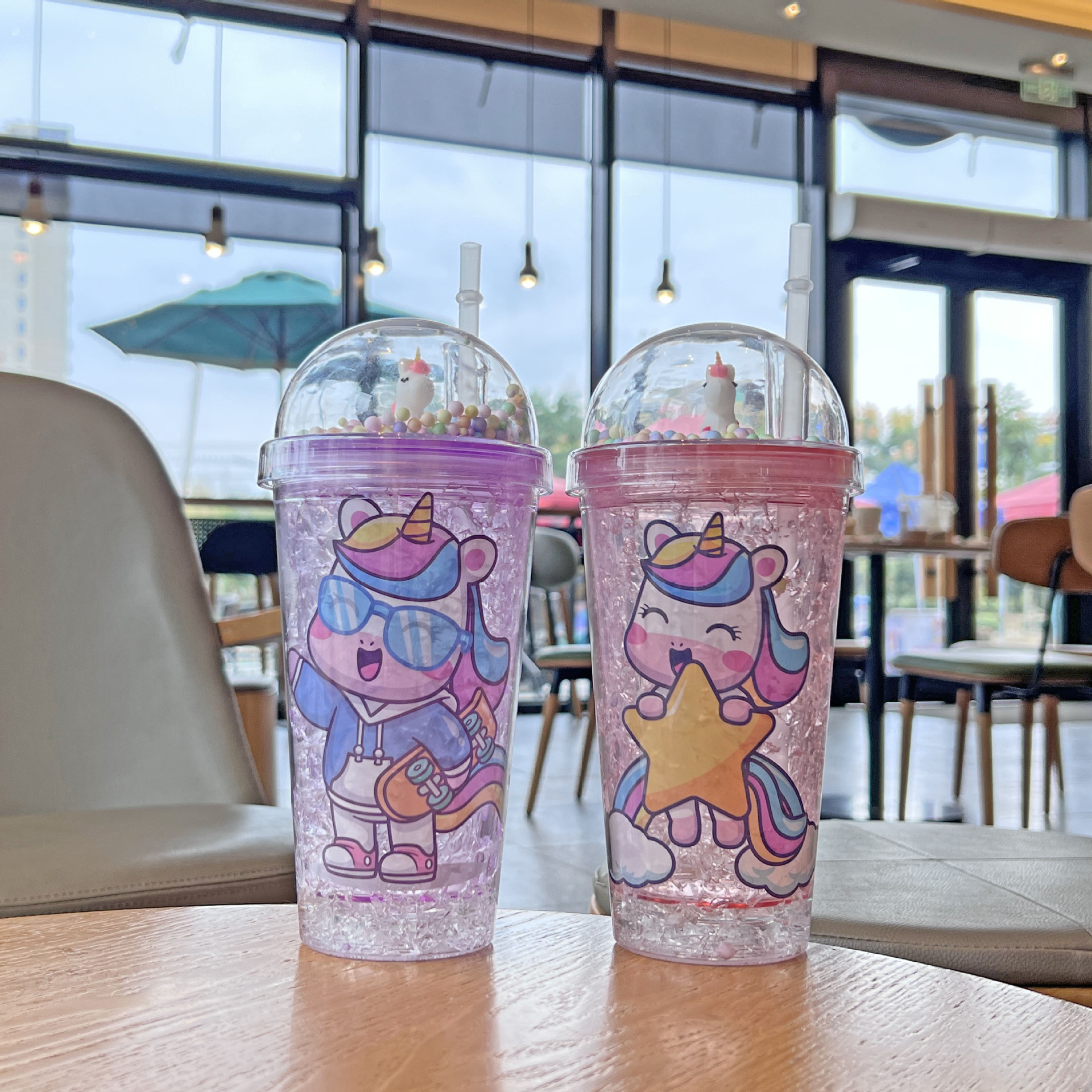 跨境新款高颜值夏季 网红美人鱼卡通塑料水杯吸管水杯双层碎冰杯详情3