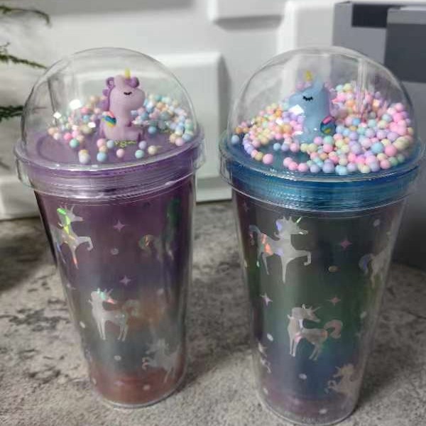 跨境新款高颜值夏季 网红独角兽卡通塑料水杯吸管水杯双层碎冰杯产品图