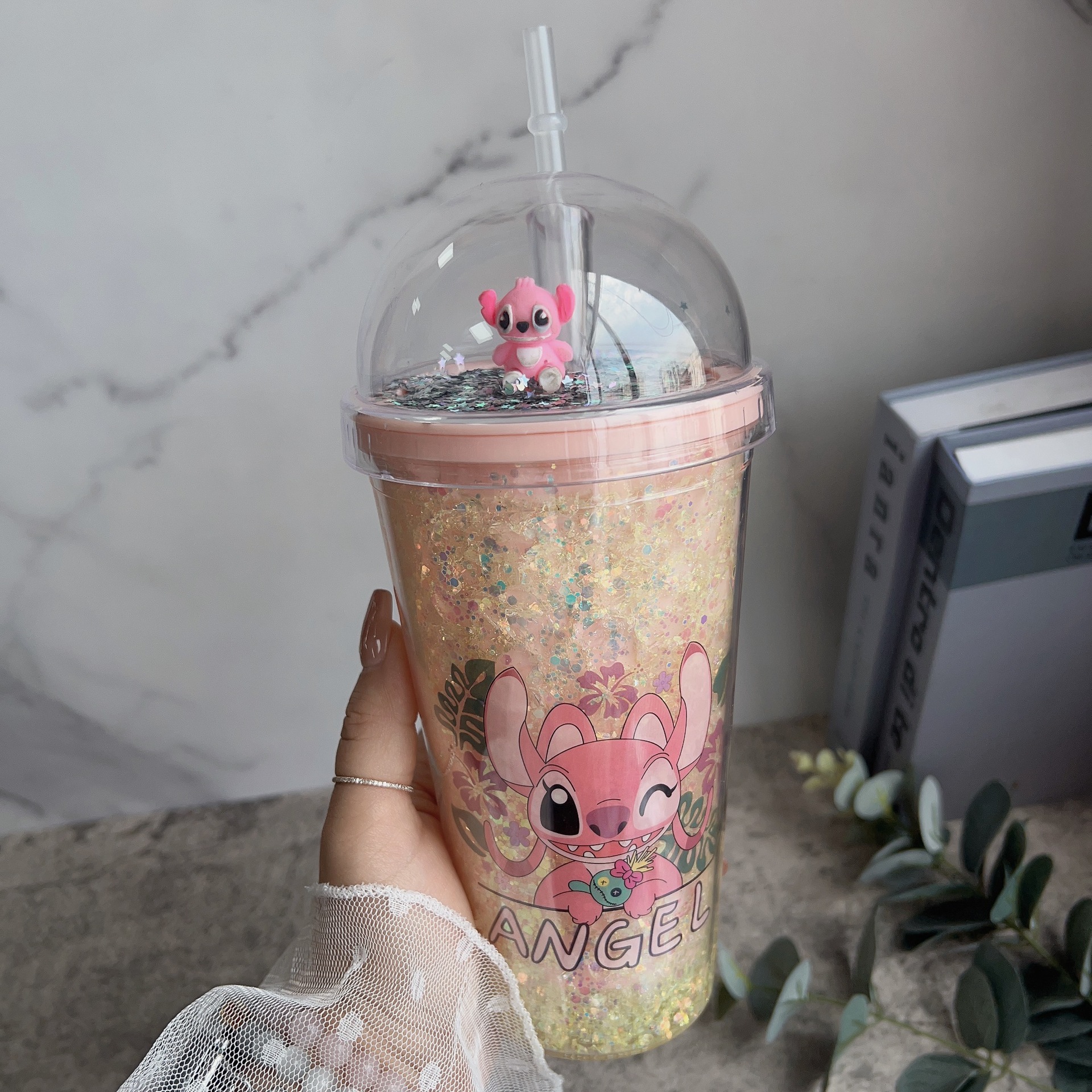 塑料吸管冰杯夜光酷洛米水杯双层杯亮片碎冰杯跨境新款史迪仔网红详情2
