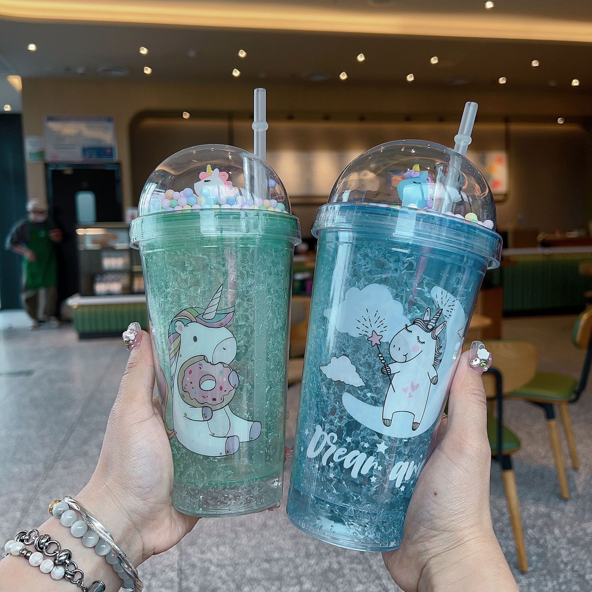 新创意跨境高颜值夏日网红独角兽卡通水杯塑料吸管水杯双层碎冰杯详情13