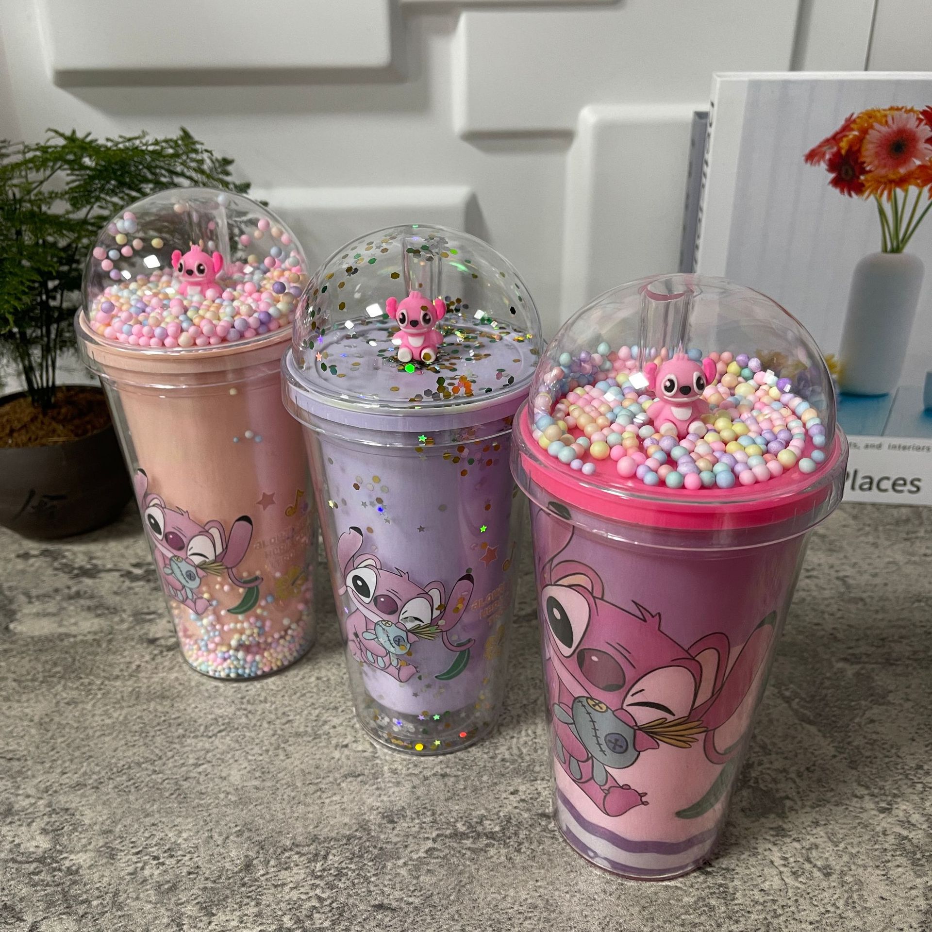 跨境新款高颜值夏季 网红史迪仔卡通塑料水杯吸管水杯双层碎冰杯详情14