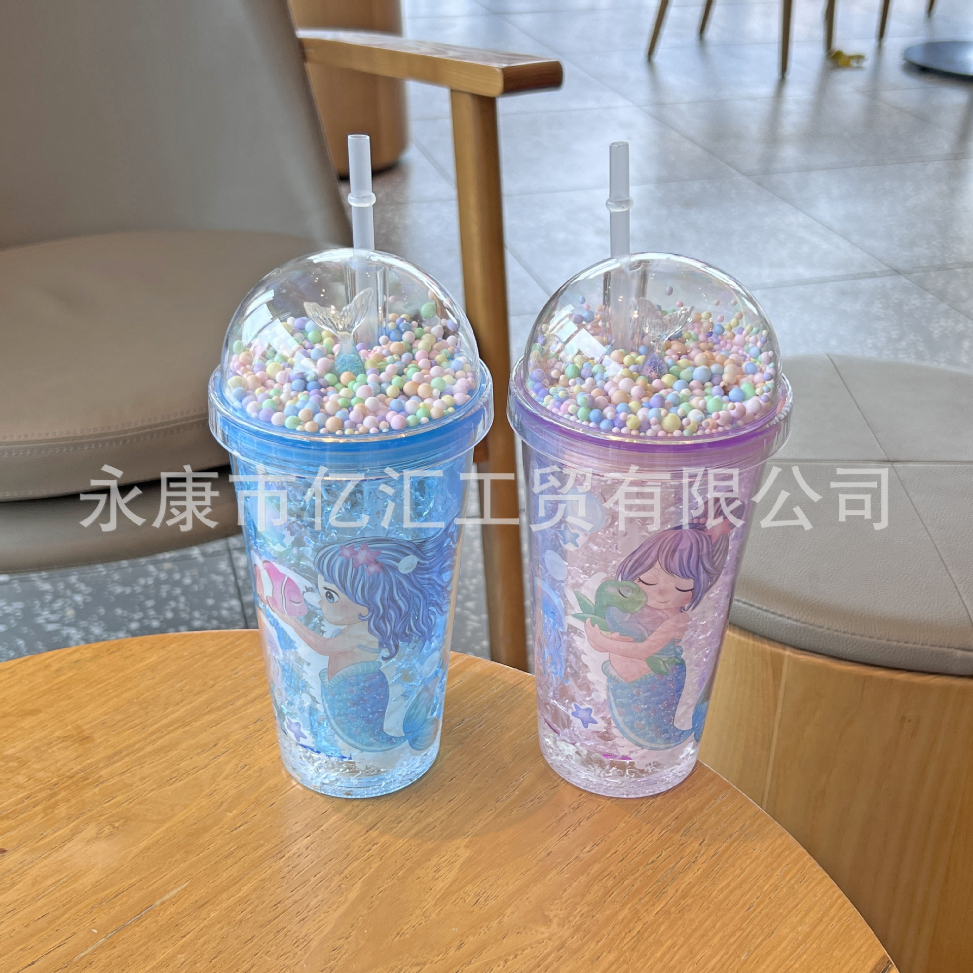 跨境新款高颜值夏季 网红美人鱼卡通塑料水杯吸管水杯双层碎冰杯详情10