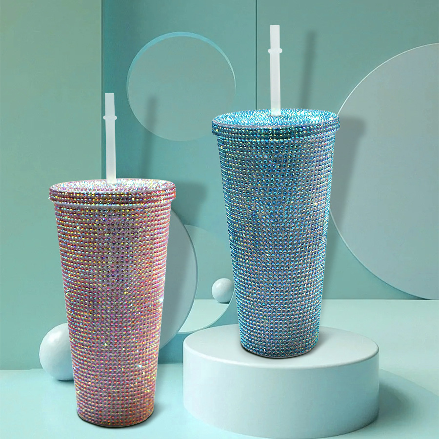创意贴钻双层高颜值冷饮杯礼品点钻吸管杯锥型镶钻杯现货批发