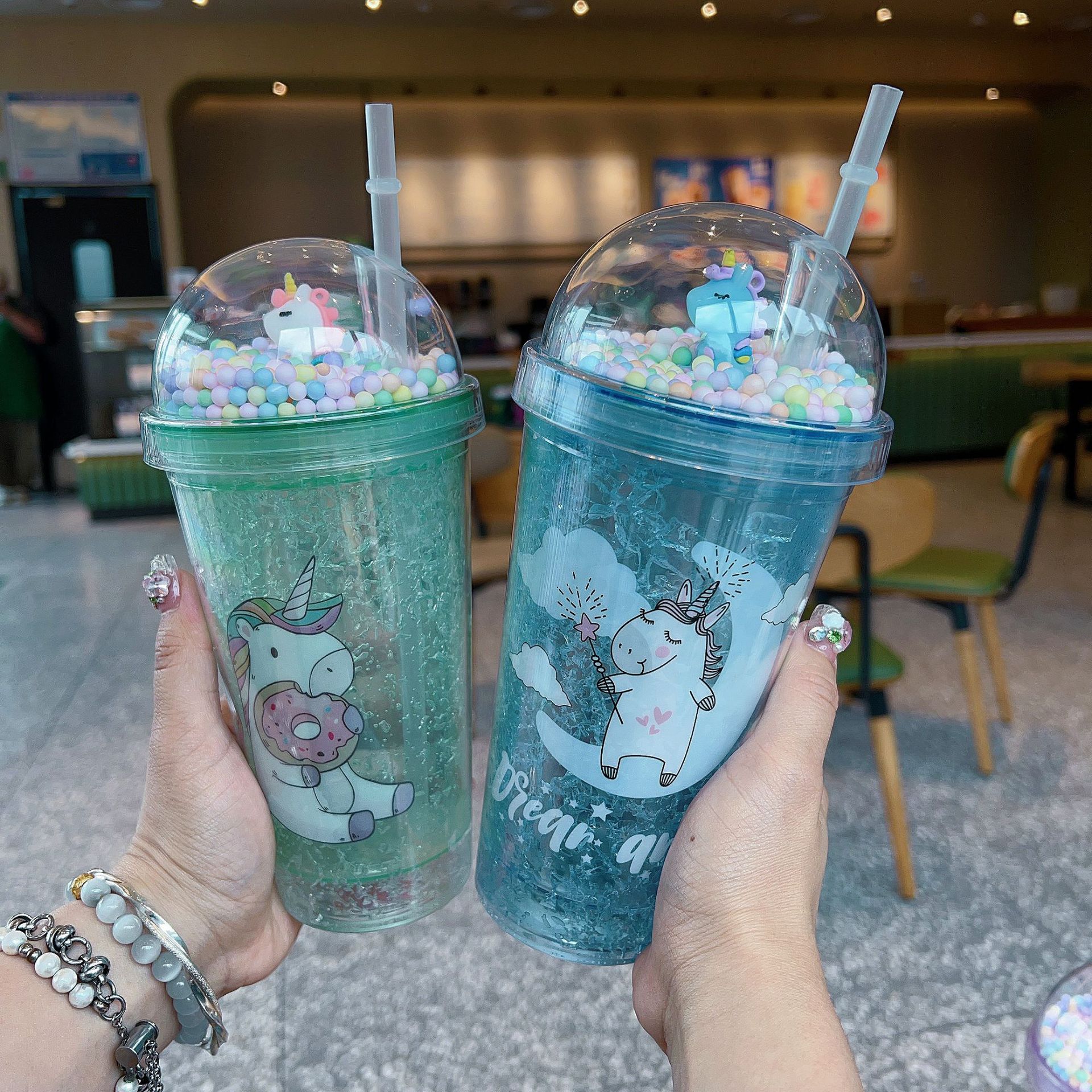 新创意跨境高颜值夏日网红独角兽卡通水杯塑料吸管水杯双层碎冰杯详情14