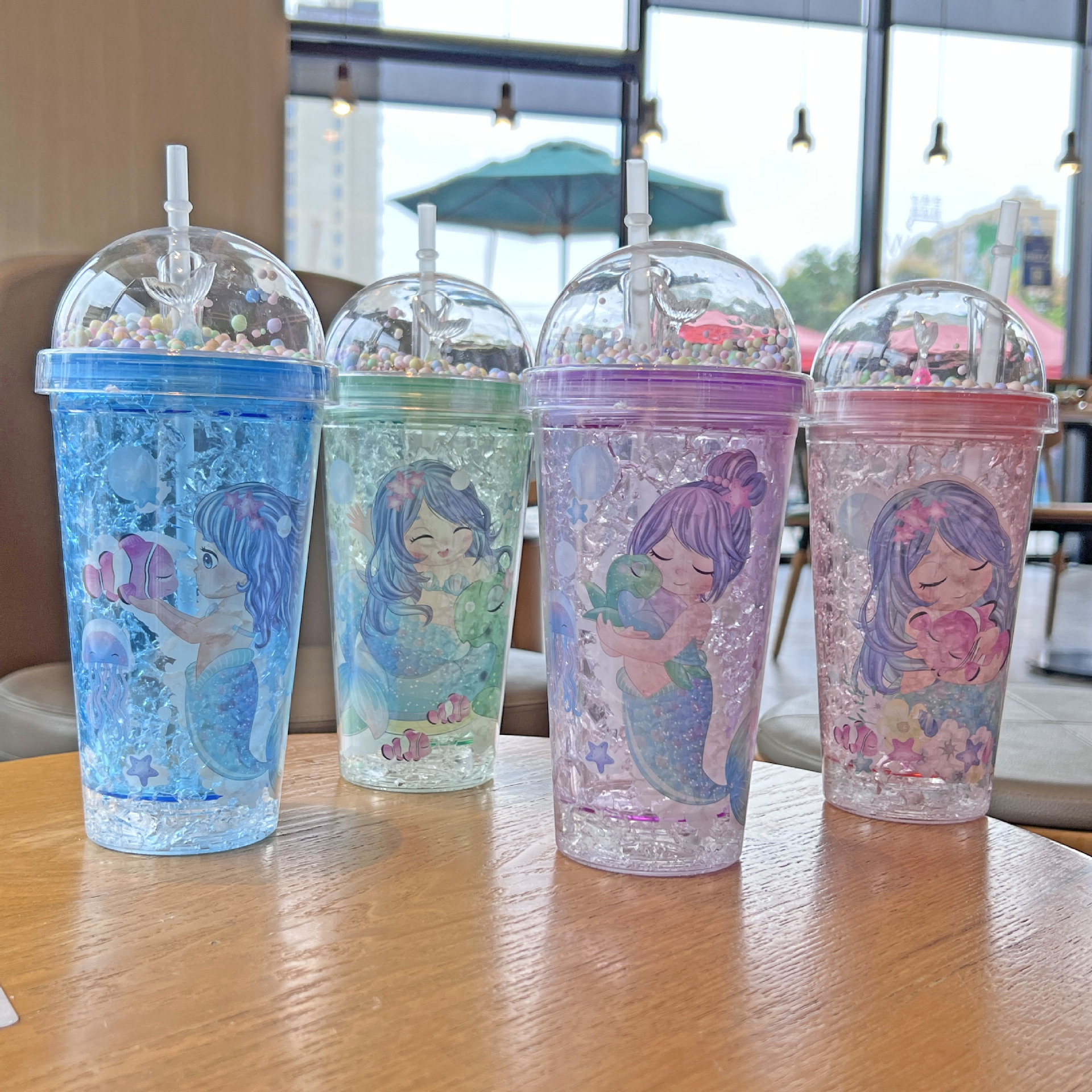 跨境新款高颜值夏季 网红美人鱼卡通塑料水杯吸管水杯双层碎冰杯