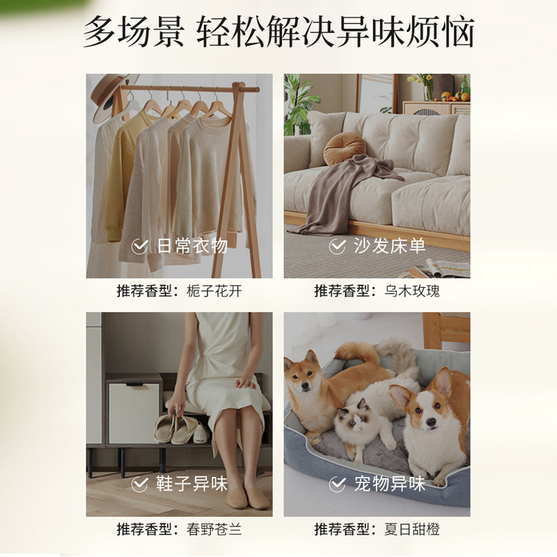 National trend style clothing deodorizing fragrance spray, long-lasting fragrance, wardrobe deodorizing air freshener, aromatherapy to remove odors, colorful fragrance Specification image