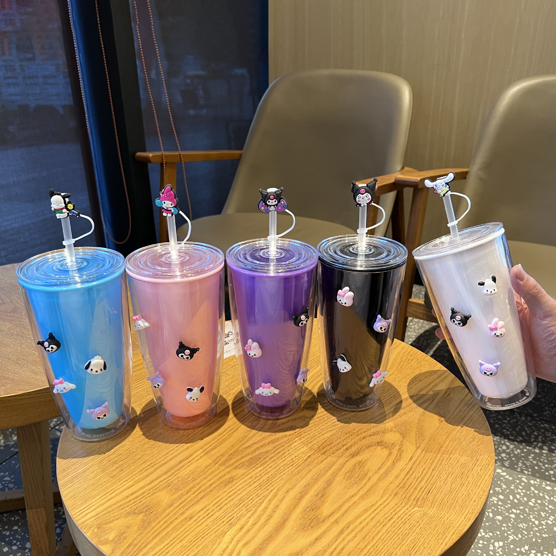 跨境新款网红高颜值情侣吸管杯卡通可爱三丽鸥水杯双层塑料杯批发详情1