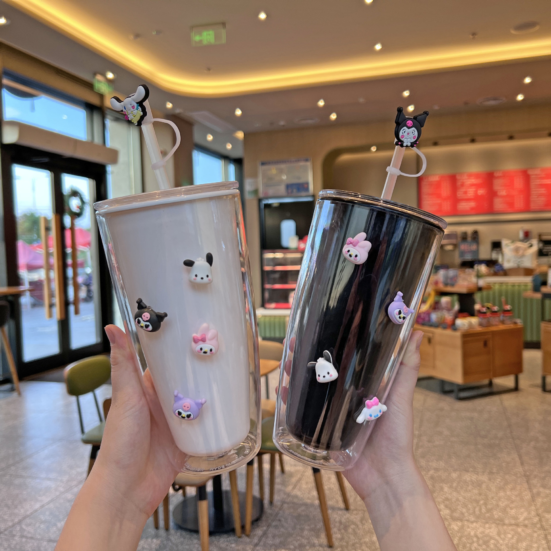跨境新款网红高颜值情侣吸管杯卡通可爱三丽鸥水杯双层塑料杯批发详情4
