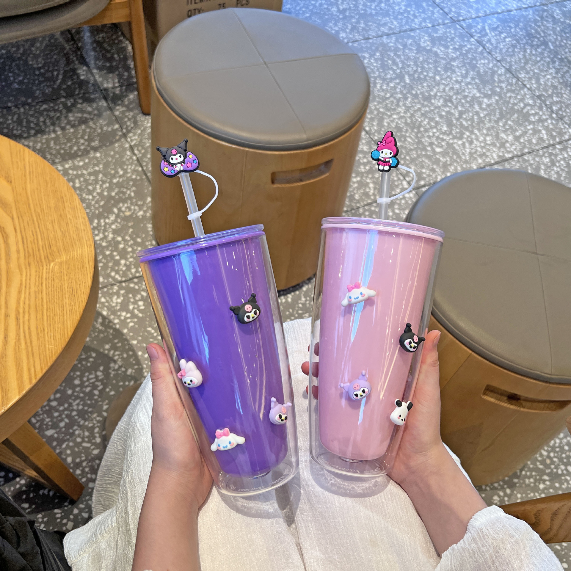跨境新款网红高颜值情侣吸管杯卡通可爱三丽鸥水杯双层塑料杯批发详情6