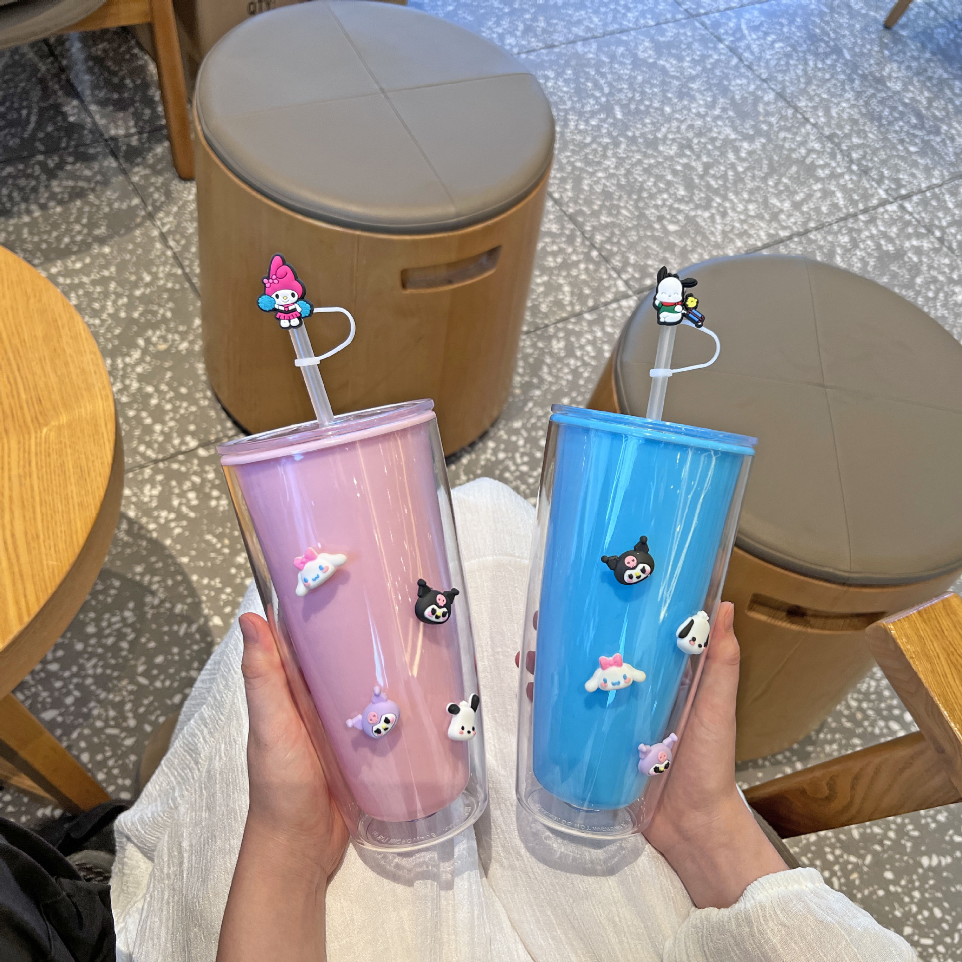跨境新款网红高颜值情侣吸管杯卡通可爱三丽鸥水杯双层塑料杯批发详情5
