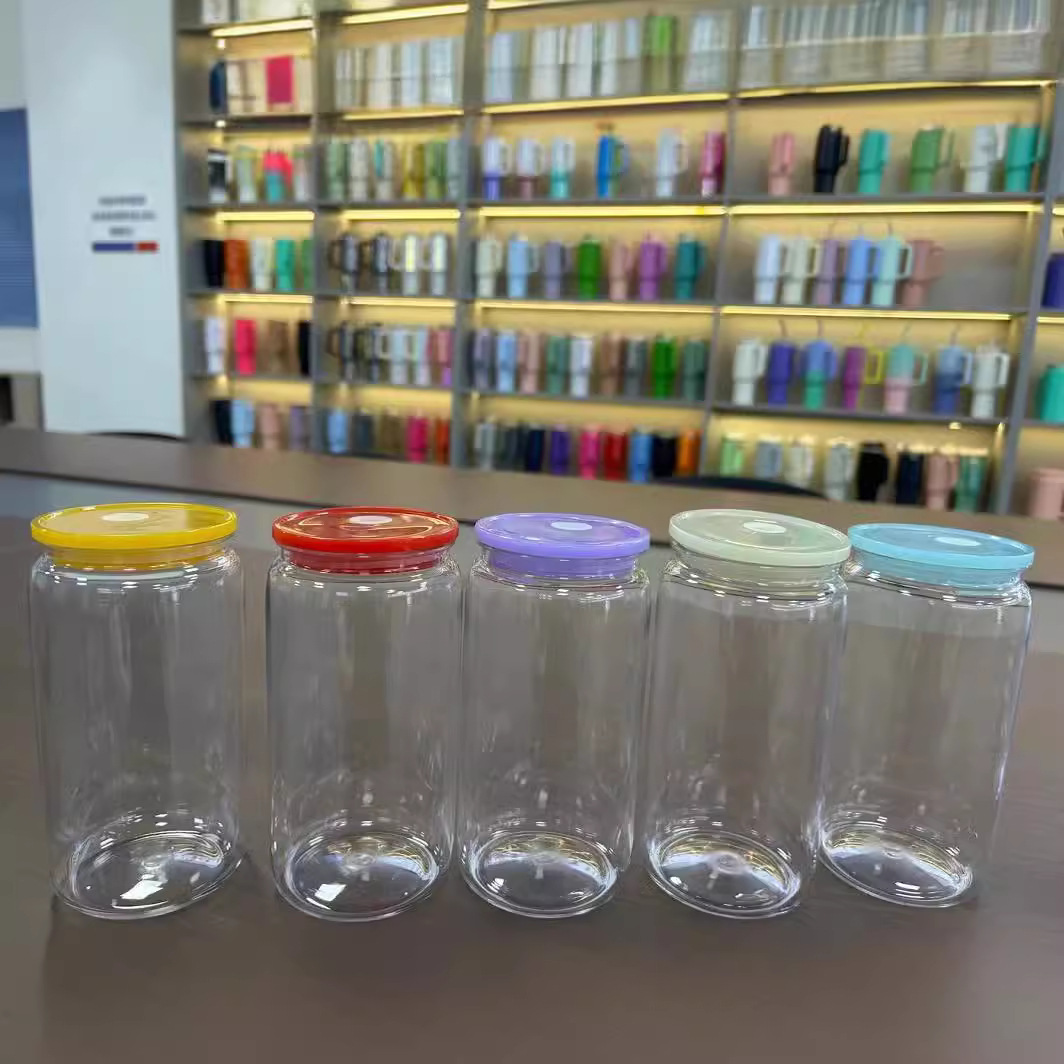 新款塑料杯16oz梅森杯亚克力可乐罐吸管杯彩色盖加厚防漏防摔水杯