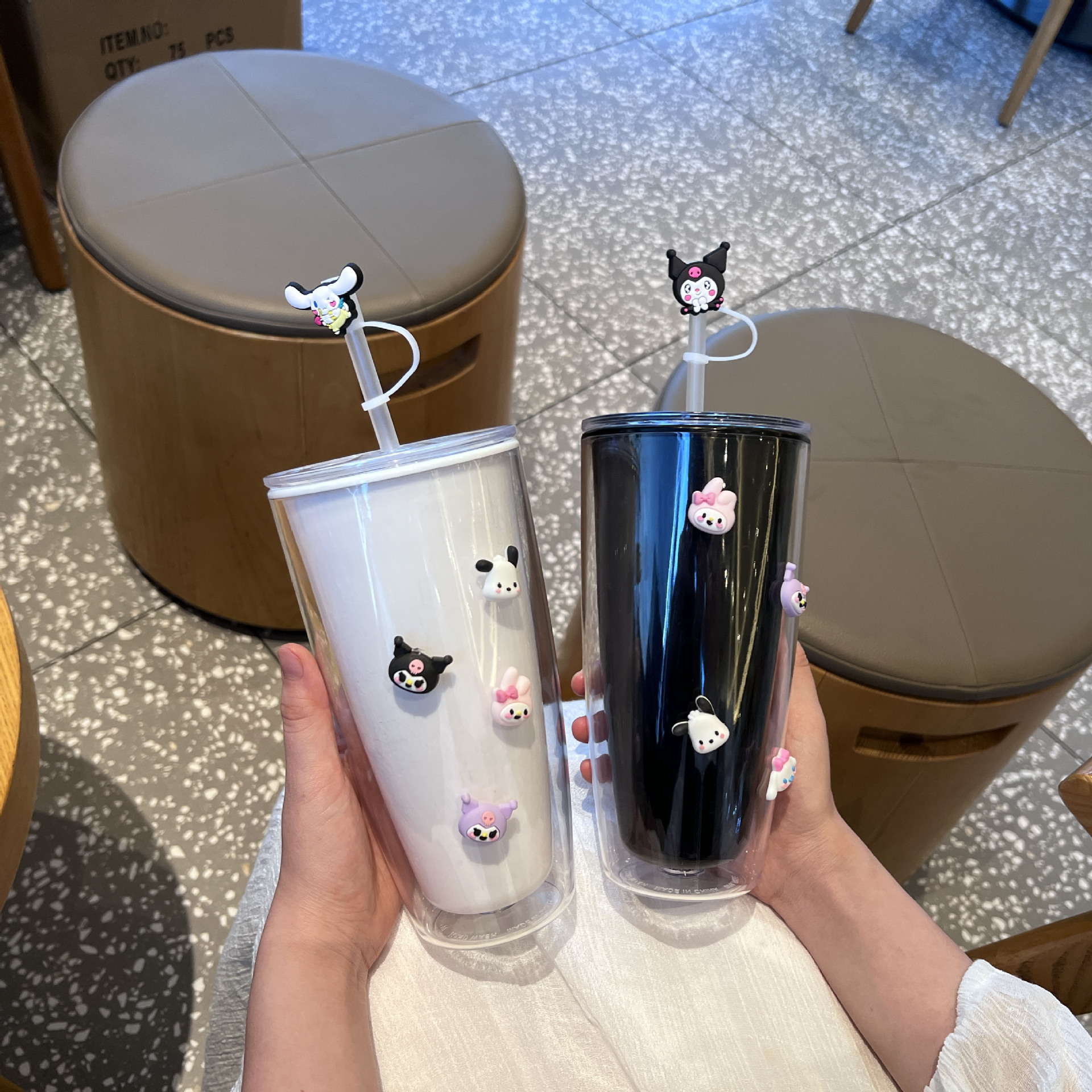 跨境新款网红高颜值情侣吸管杯卡通可爱三丽鸥水杯双层塑料杯批发详情3