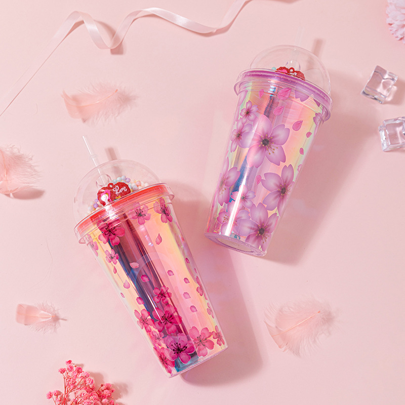 跨境新款双层塑料吸管杯创意樱花水杯批发网红情侣吸管便携奶茶杯