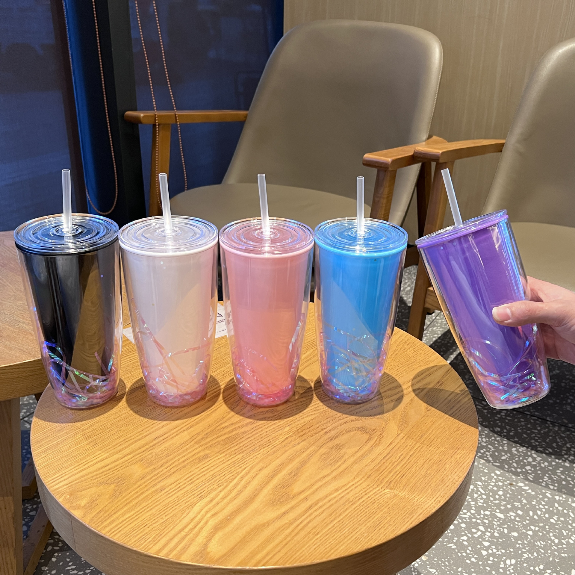 跨境新款高颜值情侣吸管杯双层大容量网红塑料水杯批发车载汽车杯详情1