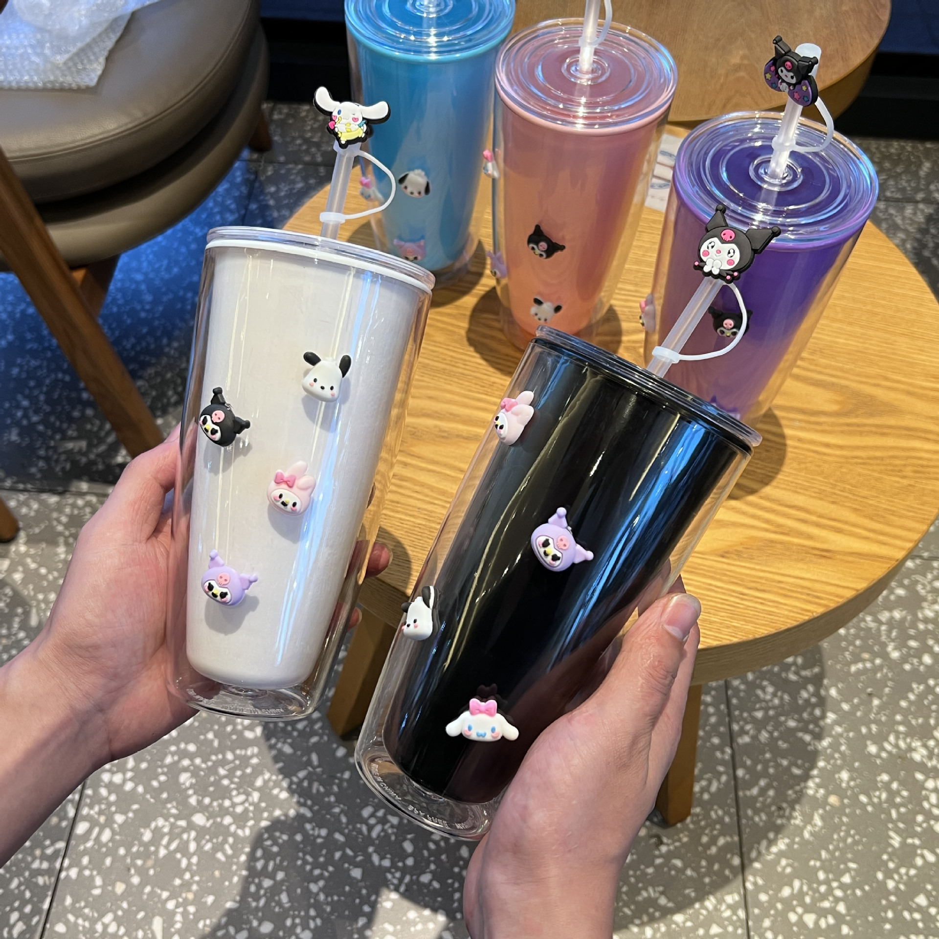 跨境新款网红高颜值情侣吸管杯卡通可爱三丽鸥水杯双层塑料杯批发详情11