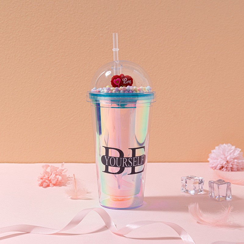 外贸新款插片镭射英文水杯批发创意网红情侣双层塑料吸管杯奶茶杯详情5