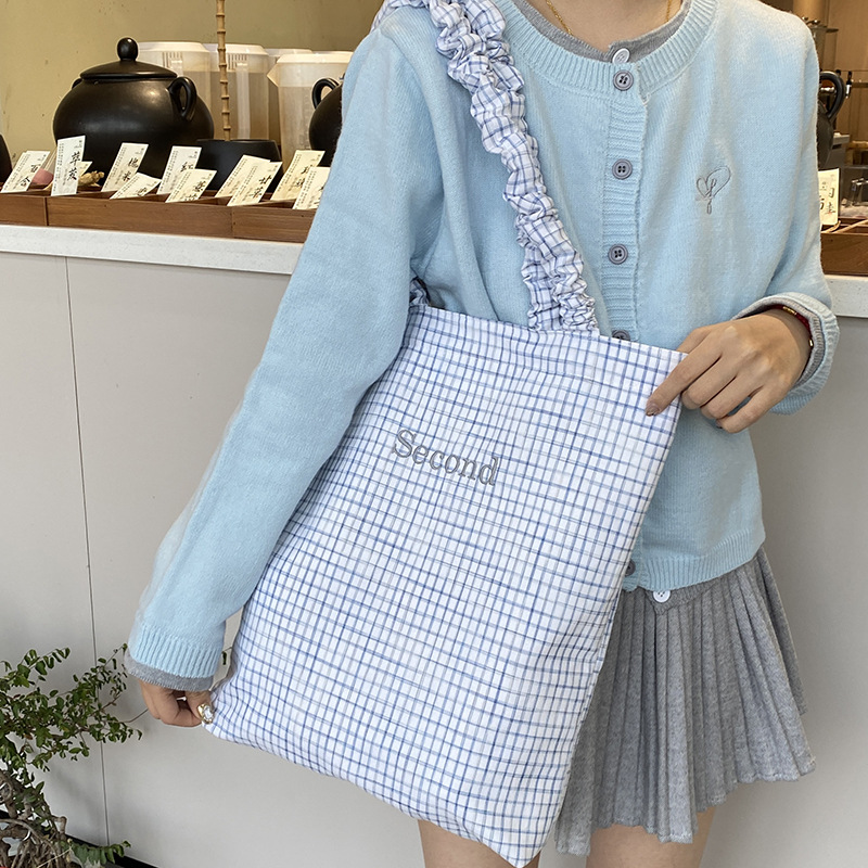 韩系包包少女帆布包手袋春夏潮流女包百搭格子撞色单肩百搭大容量