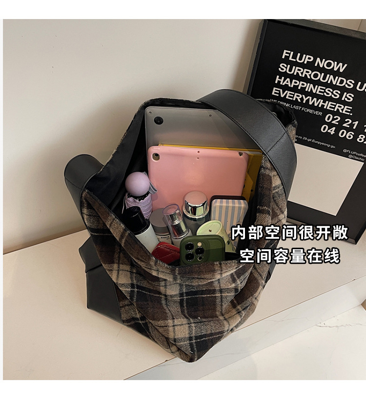 外贸出口跨境毛呢格子大包包女潮韩国托特包学院风休闲大容量包详情6