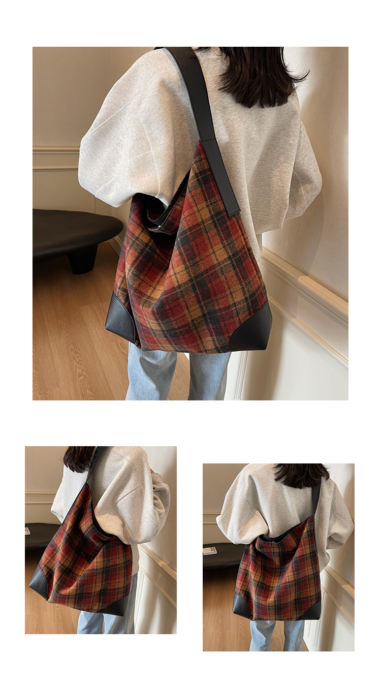 外贸出口跨境毛呢格子大包包女潮韩国托特包学院风休闲大容量包详情8