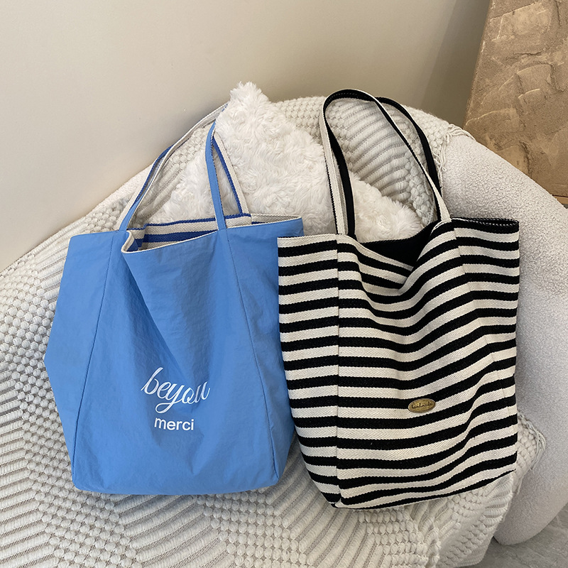 跨境条纹帆布包包新款韩风ins托特休闲包单肩大容量托特包购物袋