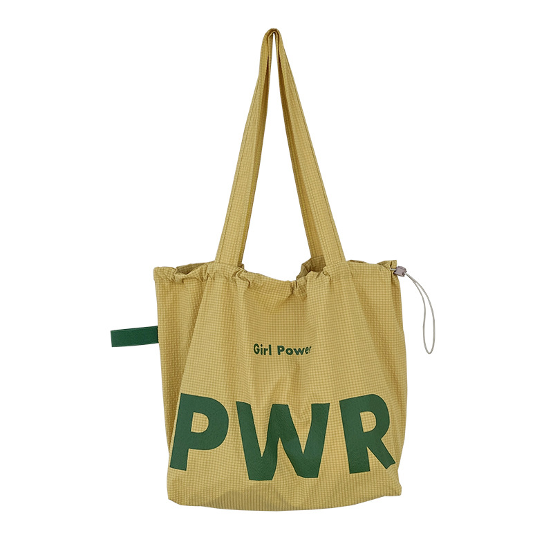 Large-capacity women's single-shoulder drawstring design, large bag with letter print, nylon, retro, casual and versatile bucket bag