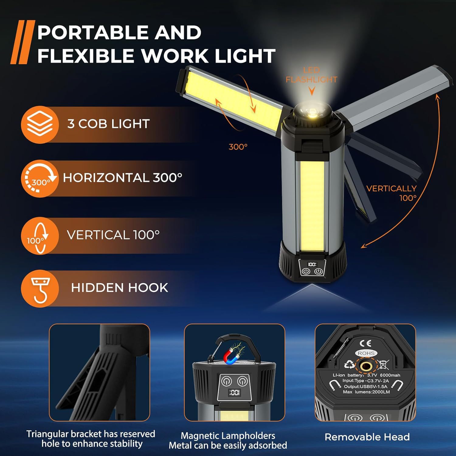 XHP50 High-intensity LED camping light, USB charging screen display, magnetic stand, stretchable COB work light