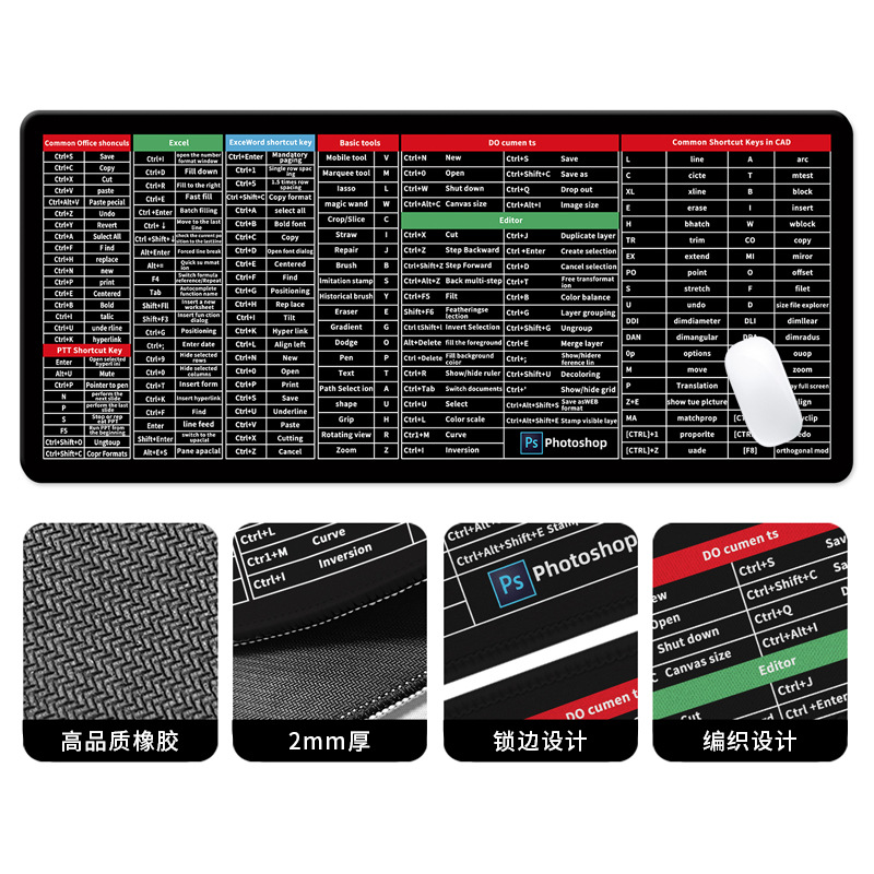 鼠标垫超大耐脏办公英文快捷键电脑键盘游戏书桌垫防滑加厚垫子