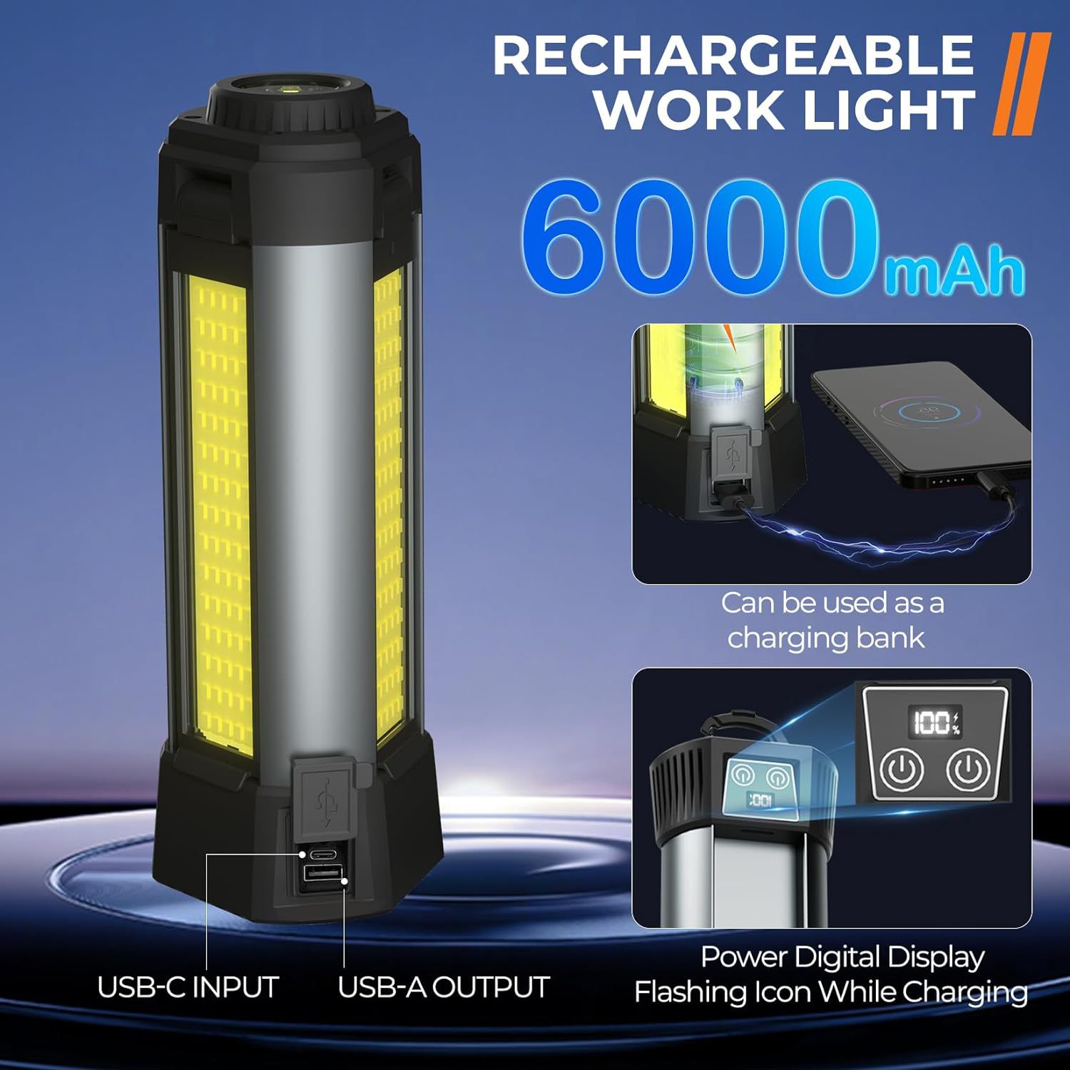 XHP50 High-intensity LED camping light, USB charging screen display, magnetic stand, stretchable COB work light Specification image
