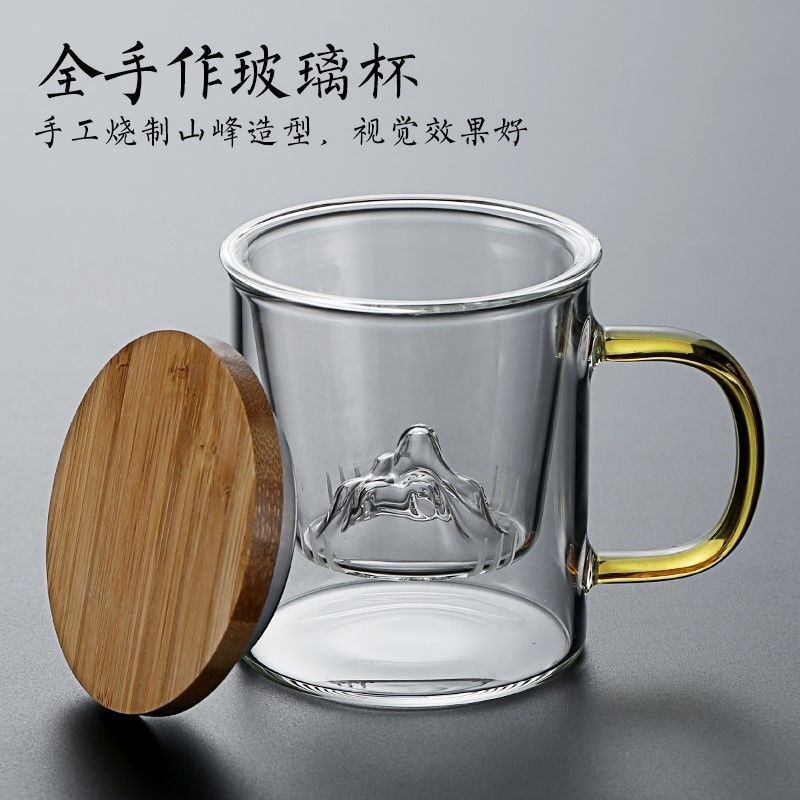 High borosilicate glass water cup, tea-water separation brewing cup, business filtering wooden lid cup, office men's and women's mountain viewing cup details Picture