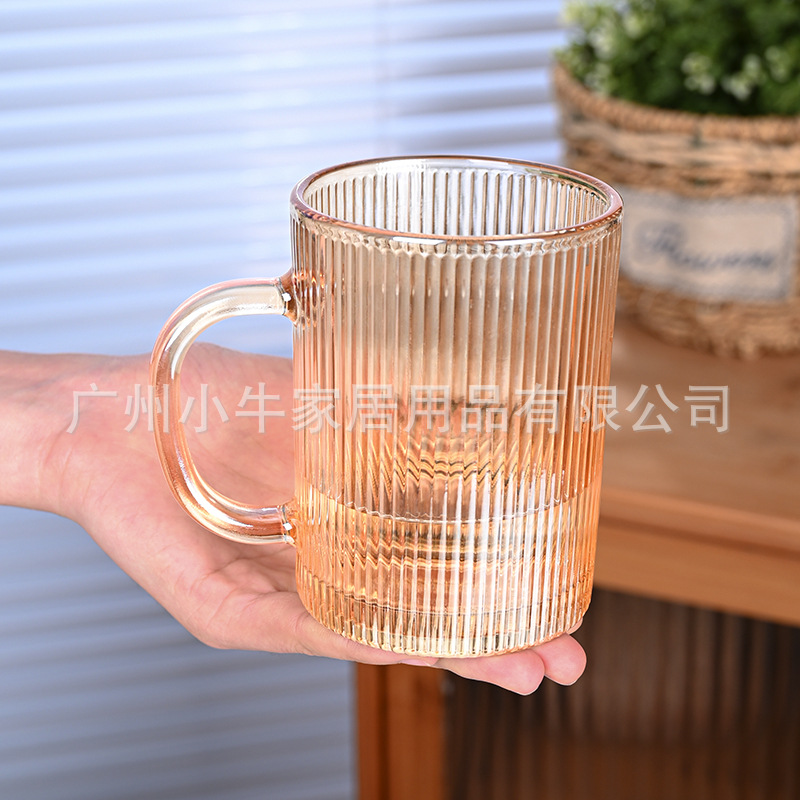 高级感玻璃杯喝水杯子带把手茶杯客厅家用竖纹杯简约琥珀条纹把杯