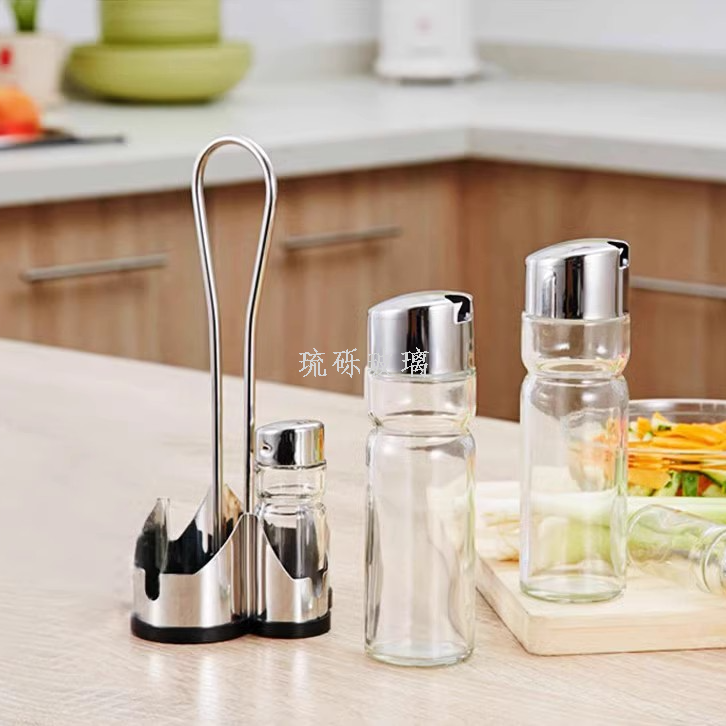 Stainless steel glass seasoning jar, seasoning bottle, table oil, vinegar, soy sauce, chili powder bottle four-piece set, restaurant supplies set Item Picture
