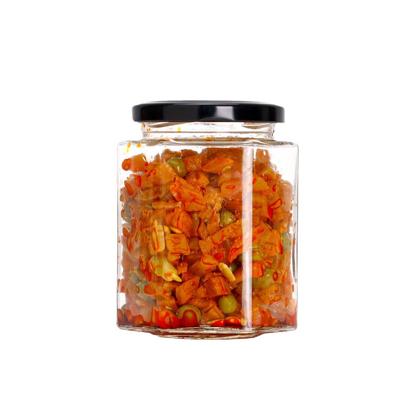 Factory direct supply hexagonal honey glass bottles, sealed storage jars, transparent thickened glass pickled vegetable bottles, household canned bottles Application Scenario