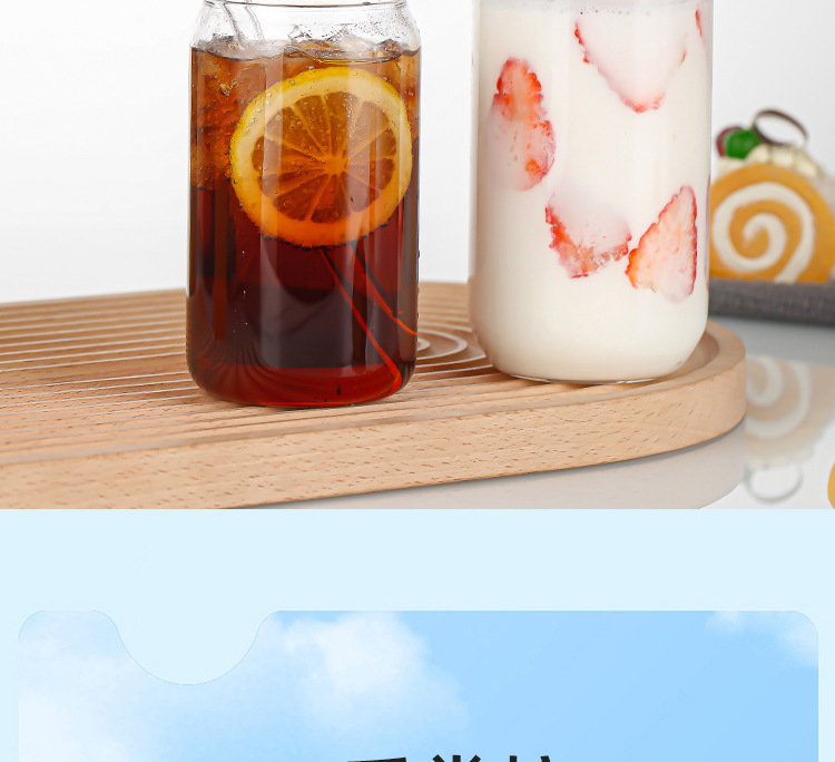 Cross-border glass cup 160oz aluminum can 20oz Cola can Cola cup Mason Cup with bamboo and wood lid straw set pic 2