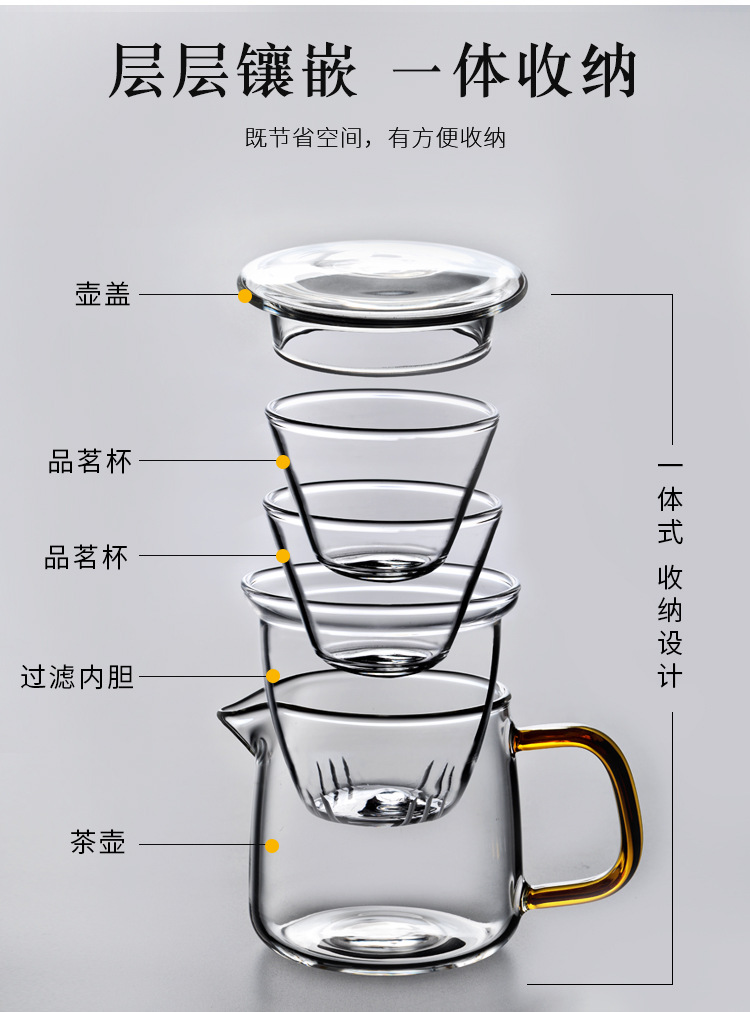 Wholesale heat-resistant glass quick guest cups, travel kung fu tea sets, one pot and two cups, portable tea brewing cups, one-piece consignment pic 4