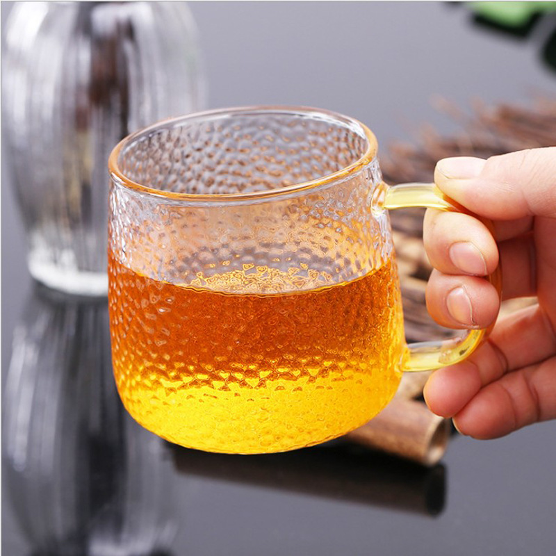 Japanese-style handcrafted hammer-patterned glass water cups, household green tea cups, beer and cold drink juice cups with handles, office tea brewing cups Specification image